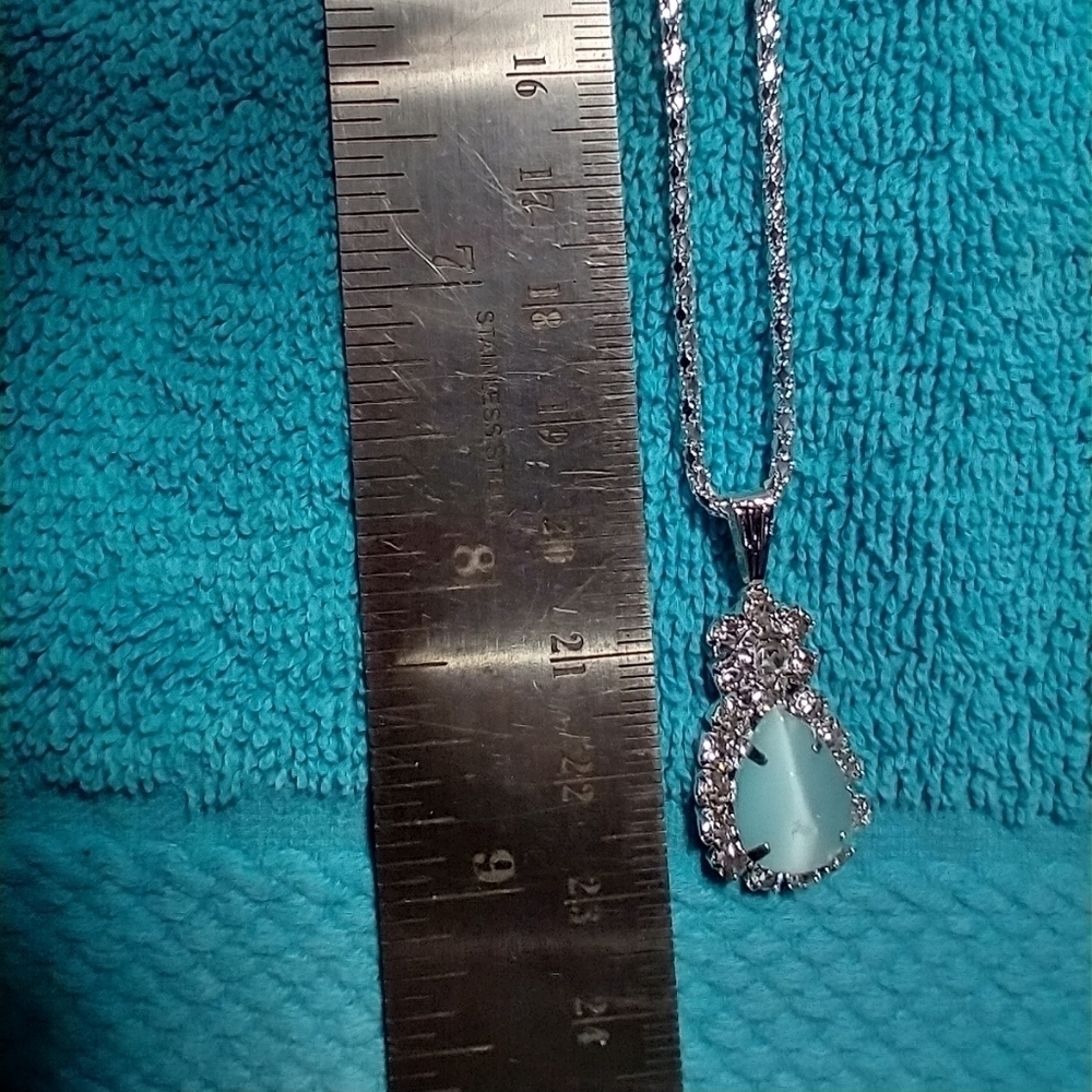 Silvertone blue cat eye crystal necklace ring earrings set - Picture 2 of 8